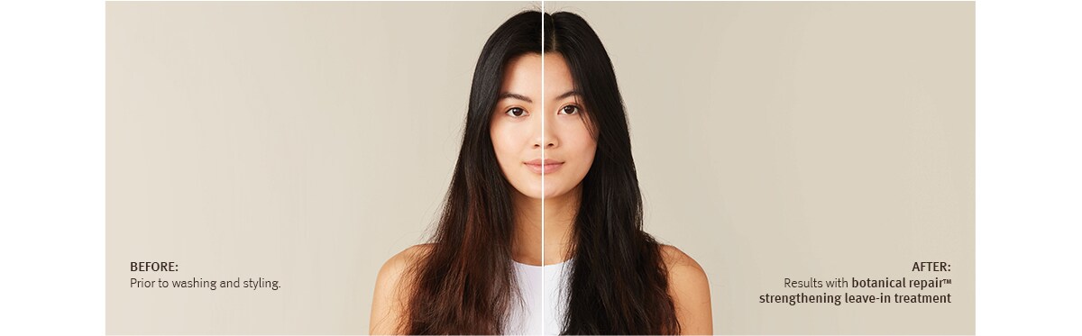 Before and after image with model using botanical repair™ strengthening leave-in treatment.