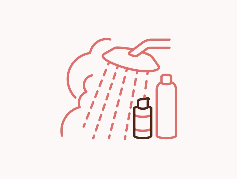 Illustration of a showerhead and Nutriplenish bottles.