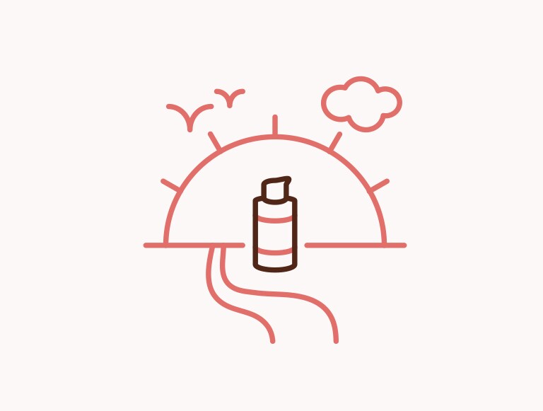 Illustration sun and Nutriplenish Multi-Use Hair Oil bottle.