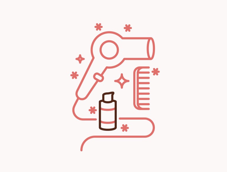 Illustration of hair dryer, comb and Nutriplenish Multi-Use Hair Oil bottle.