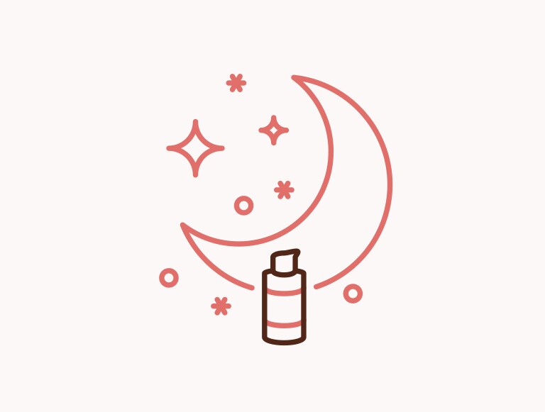 Illustration of a half moon and Nutriplenish Multi-Use Hair Oil bottle.
