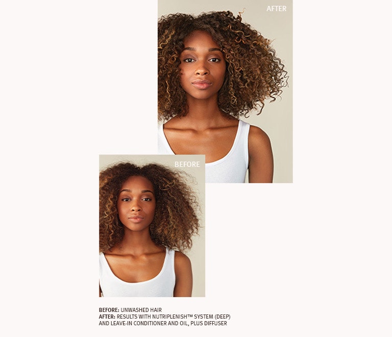 Aveda model "Coarse or curly hair" before and after.