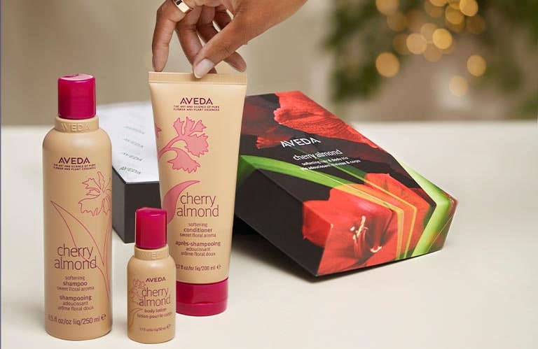 AVEDA PLUS REWARDS logo overlayed on image of Aveda hair care model.