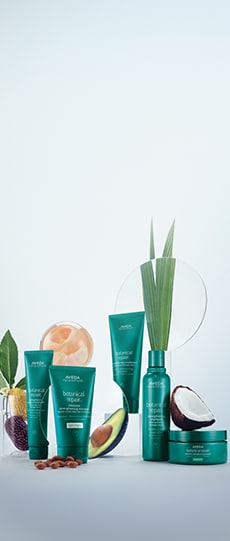 Full-size botanical repair system includes shampoo, conditioner, leave-in treatment, light masque and rich masque