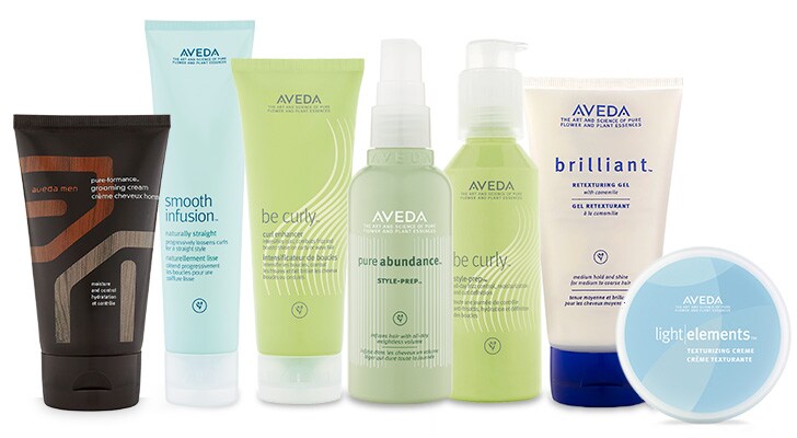 free full size styling products including be curly, aveda men, smooth infusion products on white background