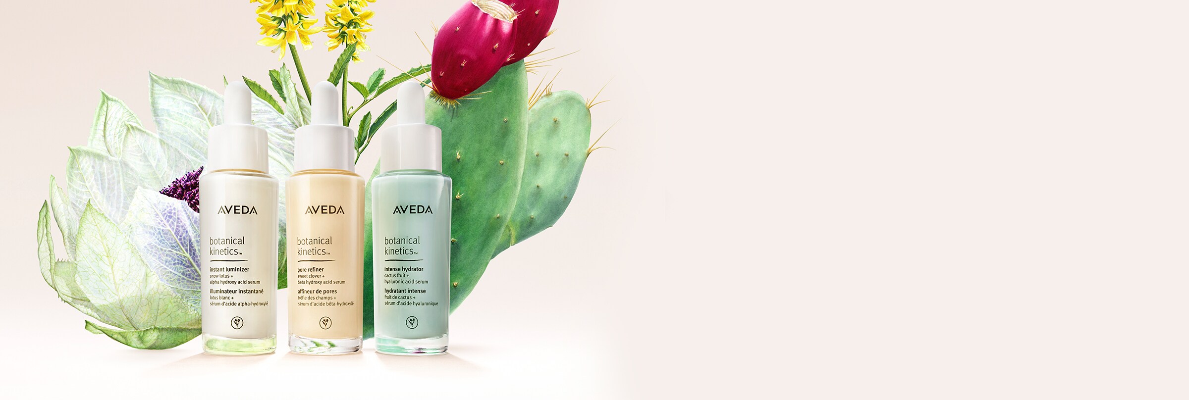 botanical kinetic serums with plants on light pink background